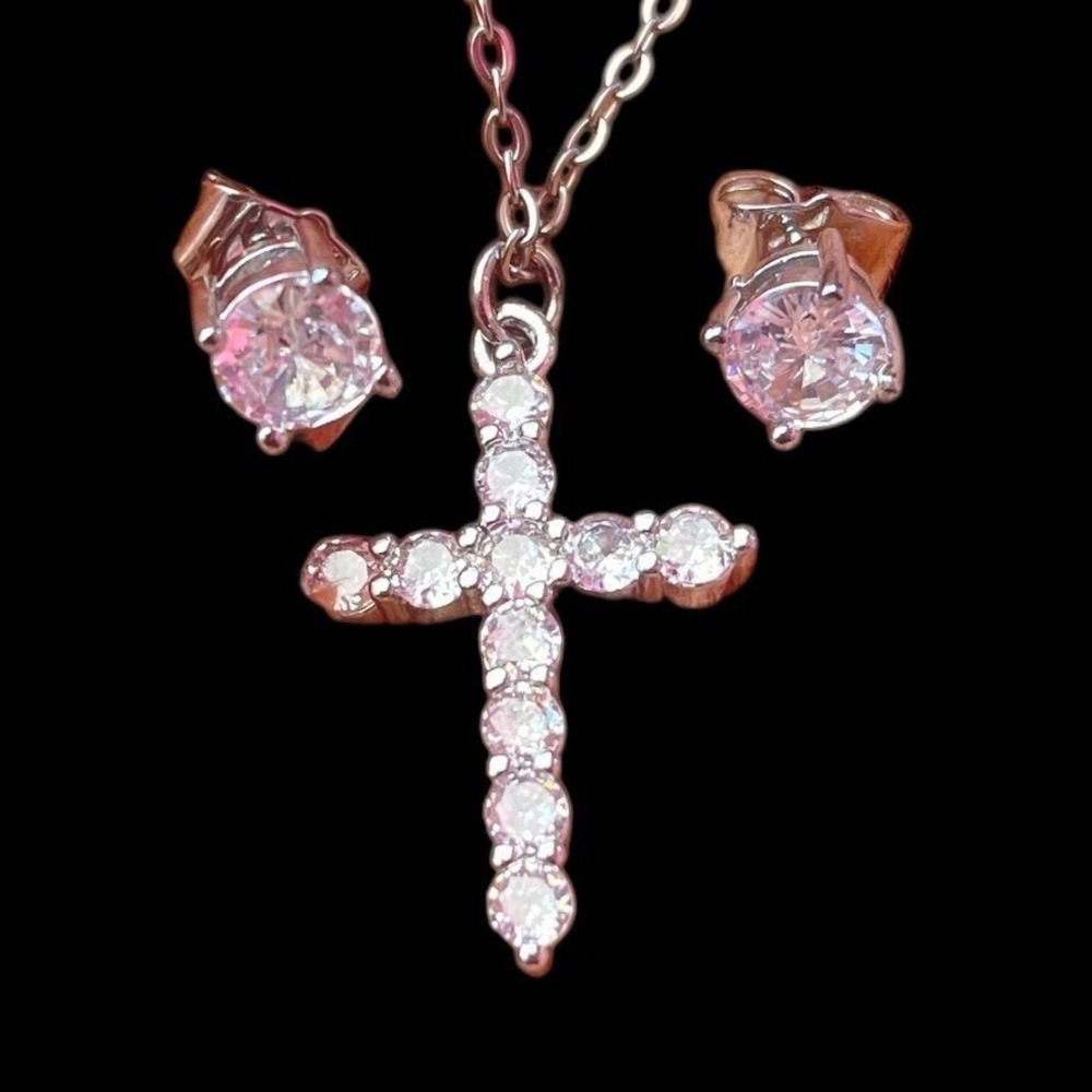 Religious Cross Necklace & Stud Earring Set Sterling Silver Moissanite Women 16 - Picture 6 of 7